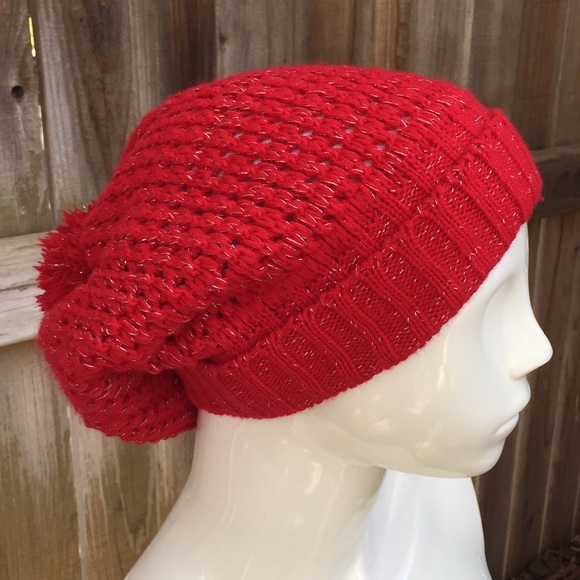 Accessories - Red knit slouch beanie Pom Pom